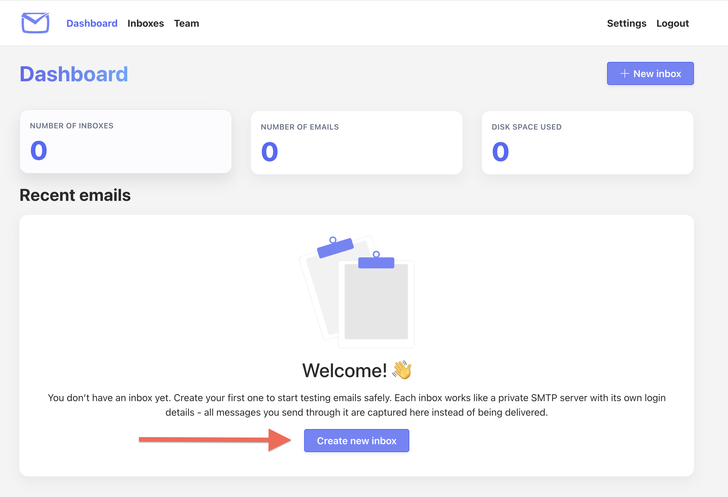 Screenshot: Create new inbox button