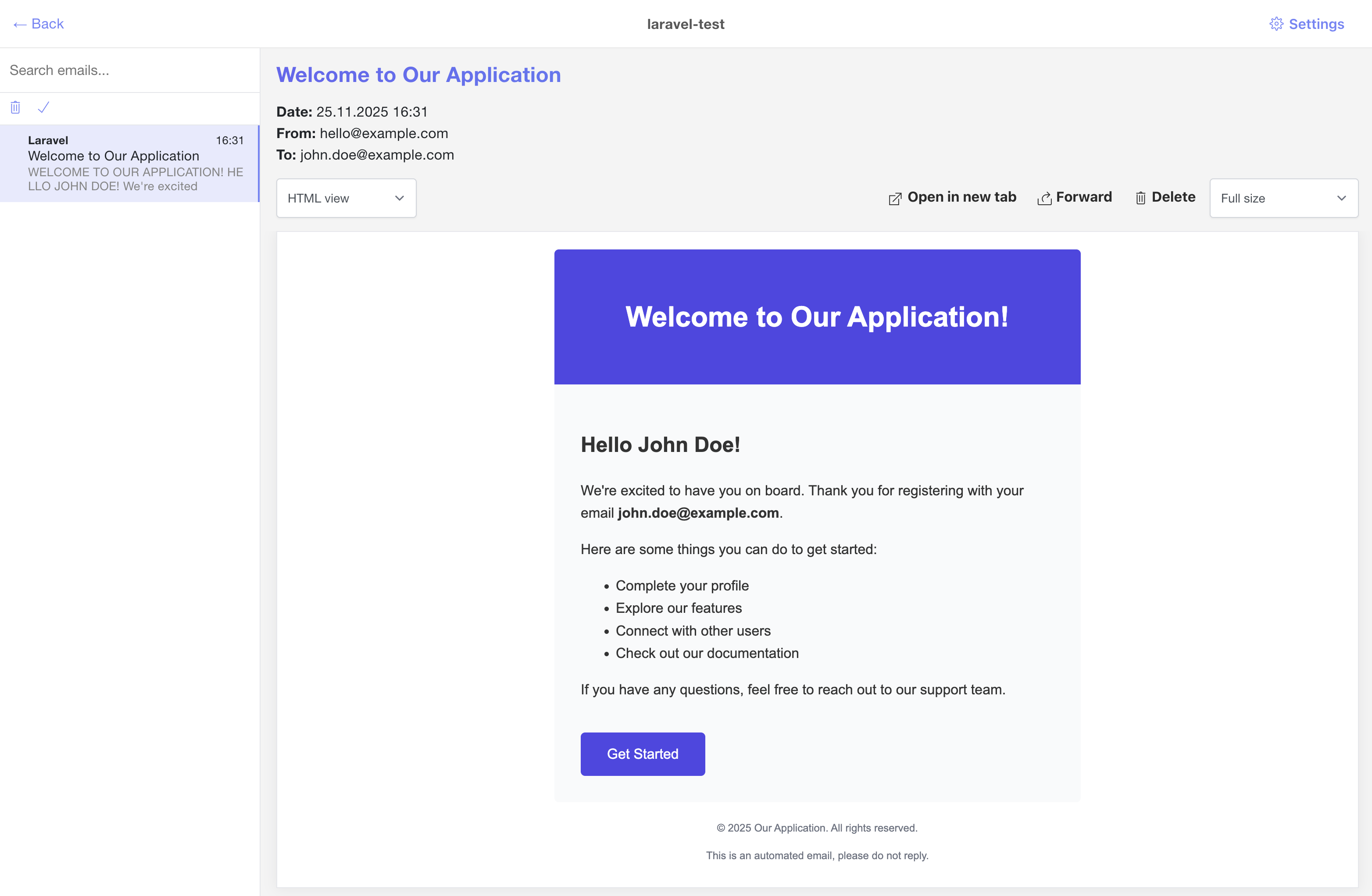Screenshot: Inbox showing received test email