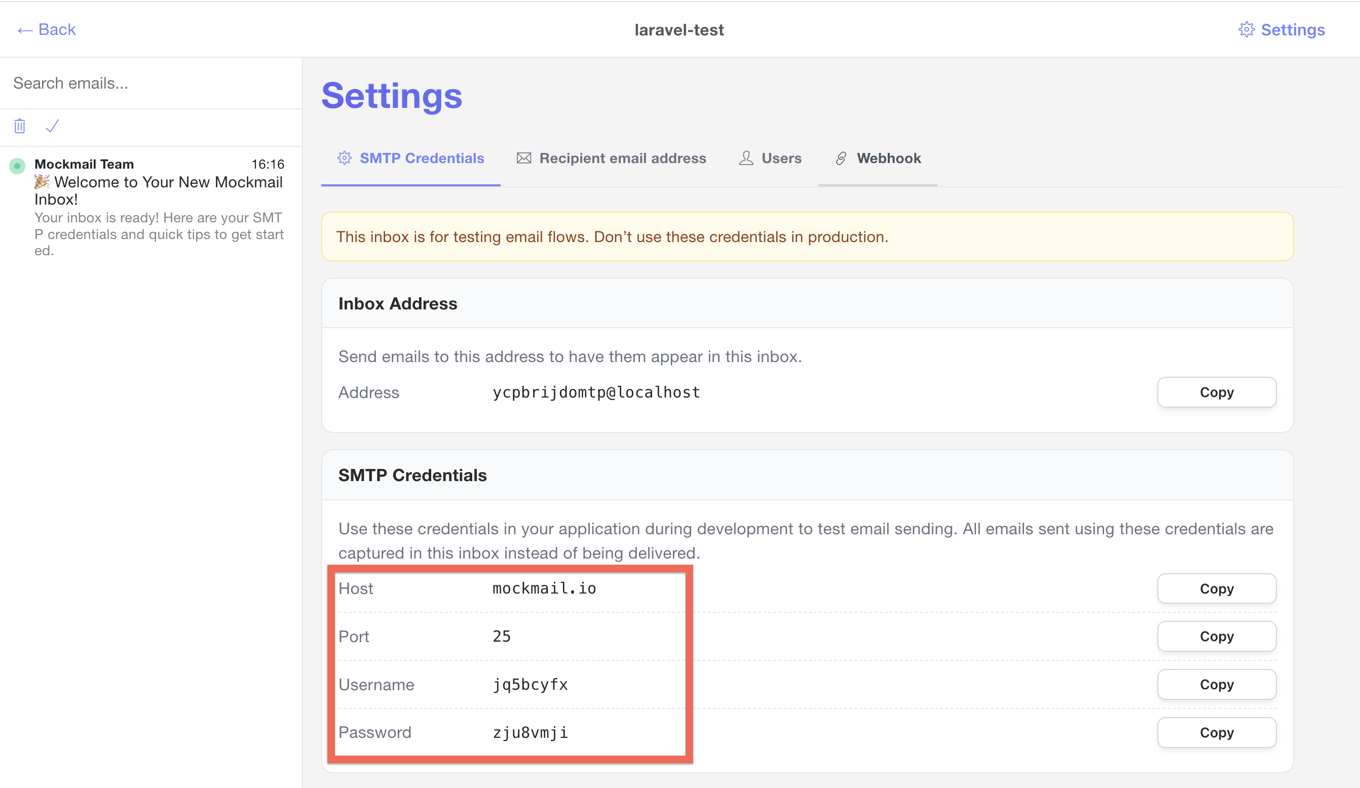 Screenshot: Inbox SMTP settings